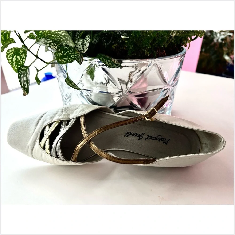 Margaret Jerrold 8.5 / Bone Leather D'Orsay Flats / Mixed Metallic Art Deco - Picture 9 of 16